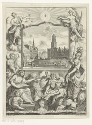 Stadtansicht mit Domkirche in Utrecht und Allegorie mit Utrechter Stadtjungfrau