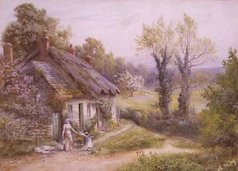 Eine Mutter und Kind in einem Bauerngarten