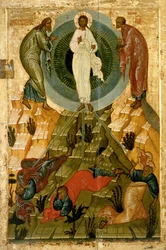 Die Verklärung unseres Herrn, russische Ikone aus der Heiligen Theotokos-Dormitionskirche auf dem Volotovo-Feld bei Nowgorod (Tempera auf Holztafel)
