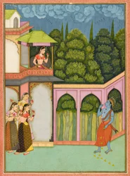 Krishna nähert sich Radha, Folio aus einem Rasikpriya