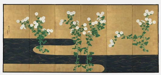 Chrysanthemen an einem Bach, Paar sechsteilige Faltwände, späte 1700er-frühe 1800er