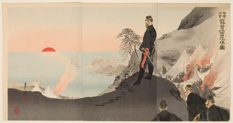 Offiziere und Männer bewundern die aufgehende Sonne beim Biwakieren in den Bergen von Port Arthur