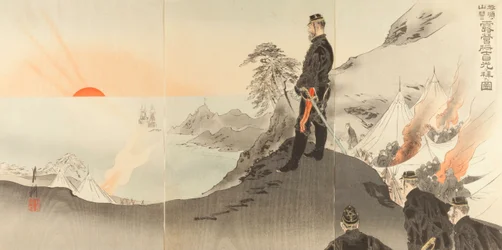 Darstellung von Offizieren und Soldaten, die während ihres Lagers in den Bergen von Port Arthur die aufgehende Sonne verehren