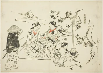 Sake erhitzen mit Ahornblättern (Kanzake momijigari), Nr. 9 aus einer Serie von 12 Drucken, die Parodien von Theaterstücken darstellen