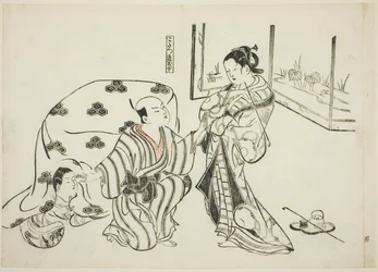 Kotatsu Dojoji, Nr. 5 aus einer Serie von 12 Drucken, die Parodien von Theaterstücken darstellen