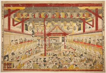 Großes Perspektivbild der Kaomise-Aufführung auf der Kabuki-Bühne (Shibai kyogen butai kaomise o uki-e)