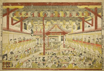 Großes Perspektivbild der Kaomise-Aufführung auf der Kabuki-Bühne