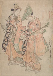 Onoe Kikugoro in der Rolle von Yaoya Oshichi und Nakamura Kiyosaburo als ihr Liebhaber der kosho, 1750
