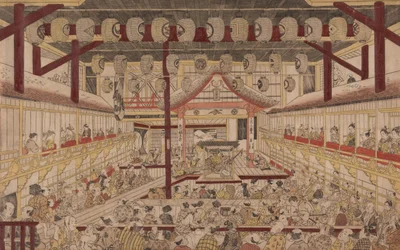 Perspektivische Ansicht des Inneren des Nakamura-Theaters mit Ichikawa Ebizo II als Yanone Goro