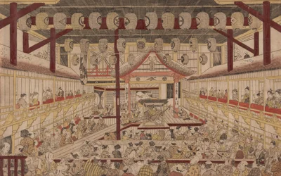 Perspektivische Ansicht des Inneren des Nakamura-Theaters mit Ichikawa Ebizo II als Yanone Goro, 1740