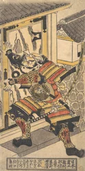 Der Schauspieler Bando Hikosaburo in der Rolle von Asahi na Saburo, der die Burgtür aufbricht, ca. 1730