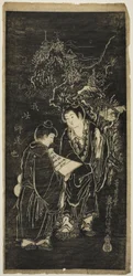 Zwei Jungen als die exzentrischen Mönche Kanzan (Chinesisch: Hanshan) und Jittoku (Chinesisch: Shide)