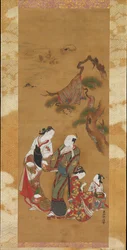 Yukihira und zwei Bräutjungfern in Suma, 18. Jahrhundert