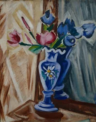 Blauer Vase mit Blumen