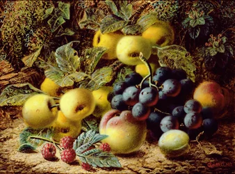 Stillleben mit Äpfeln, Pflaumen, Trauben und Himbeeren