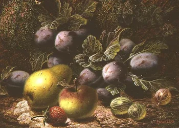 Stillleben mit Pflaumen, Stachelbeeren, Apfel, Birne und Erdbeere