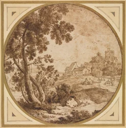Landschaft mit Gebäuden und Figuren, zweite Hälfte des 17. Jahrhunderts