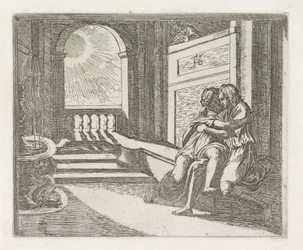 Abimelech sieht Isaak Rebekka liebkosen