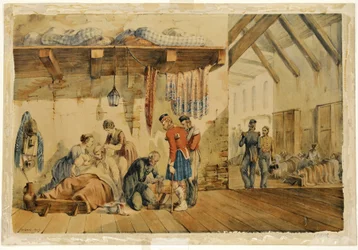 [Barrack] Krankenhaus Scutari, Szene mit Krankenschwestern und Soldaten des Highland Regiments, 1854-56