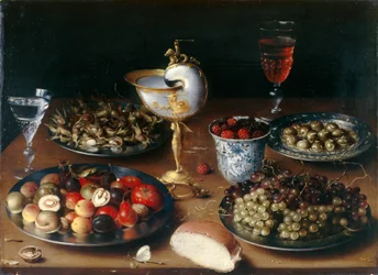 Stillleben mit Nautilusbecher, Obst, Nüssen und Wein