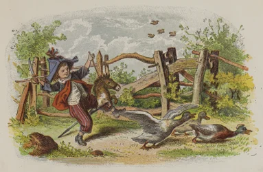 Junge spielt auf seinem Steckenpferd und erschreckt eine Gruppe von Gänsen