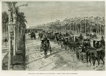 Buenos Aires, Sarmiento Avenue, Drei-Februar-Park. Gravur von Tofani zur Illustration der Geschichte Voyage à la Plata, 1886, von Emile Daireaux, in Le Tour du monde 1888, unter der Leitung von Edouard Charton (1807-1890), Hachette, Paris.
