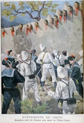 Vierzehn Köpfe von Boxern an den Wänden von Tchio-Tchao, China