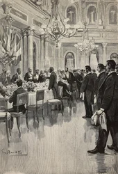 Italienische Diplomaten stoßen zusammen an, Paris, Frankreich, Gravur nach einer Zeichnung von Gennaro Amato, nach einer Skizze von Osvaldo Tofani, aus L