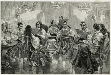 Narcisso chinesischer Jahrmarkt, Daraga, Philippinen. Gravur von Tofani, zur Illustration der Geschichte „Reise auf die Philippinen“.