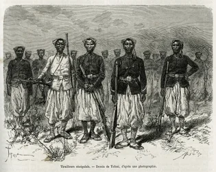 Senegalesische Reiter der Expeditionseskorte. Gravur von Tofani, um die Geschichte der Erkundung im oberen Niger von Kommandant Gallieni, der Marineinfanterie, in 1880-1881 zu illustrieren, veröffentlicht in der Tour du monde, unter der Leitung von Edouard