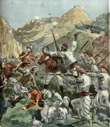Die Briten werden am Fort von Mala - Khan während eines Aufstands in Indien 1897 angegriffen (Gravur)