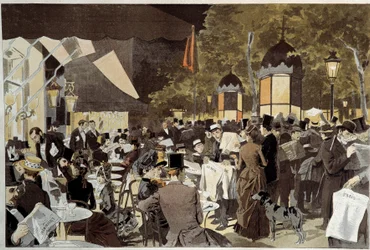 Die Boulevards in der Wahlnacht Café-Terrasse. Nach einem Gemälde von Osvaldo Tofani