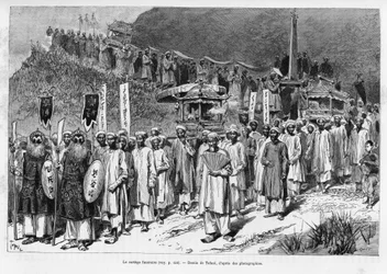 Der Trauerzug. Gravur von Tofani, zur Illustration der Geschichte „Trente mois au Tonkin“, 1884, von Dr. Paul Hocquard, in Le Tour du monde 1890, unter der Leitung von Edouard Charton (1807-1890).