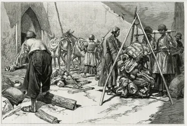 Das Wiegen des Gepäcks vor der Abreise der Delafoy-Hochzeitsexpedition. Gravur von Tofani, zur Illustration der Geschichte „Persien, Chaldäa und Susiane“.