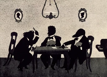 Kartenspiel zwischen Johannes Brahms (1833-1897), Richard Strauss (1864-1949) und Hans Richter (1843-1916), schwarze Silhouette von Otto Böhler (1847-1913)