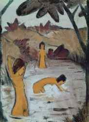 Drei Badende im Teich. Um 1912