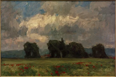 Dunkle Pappellandschaft mit Mohn