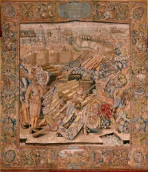 Flemischer Wandteppich. Serie Triumphe und Schlachten des Erzherzogs Albrecht. Angriff auf die Stadt Calais. Zweiter Wandteppich in der Serie. Modell Otto van Veen und Hans I Snellinck. Herstellung Martin Reynbouts, Brüssel.