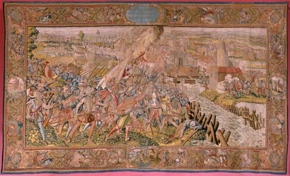 Flämischer Wandteppich. Serie Triumphe und Schlachten von Erzherzog Albrecht. Überraschung bei Calais (La sorpresa de Calais). Erster Wandteppich in der Serie. Modell Otto van Veen und Hans I Snellinck. Herstellung Martin Reynbouts, Brüssel. 1597-1599. Sto