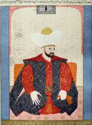 Osmanisches Reich: Porträt des osmanischen Sultans Murad I. (1326-1389). Miniatur aus dem Manuskript „Zubdatat-al-Tawarikh“ (Creme der Geschichten) von Historiker Seyyid Loqman Ashuri 1538. Türkisches und Islamisches Kunstmuseum