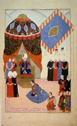 Osmanisches Reich: Sultan Süleyman (Suleyman) I., genannt der Prächtige (1520-1566), umringt Kurtisanen. Miniatur aus „Nuzhet el-Esrar el-Ahbar der Sefer-i Sigetvar“ (Nuzhet el Estrar el Ahbar der Sefer i Sigetvar) (Chroniken der Feldzüge von Szi...)