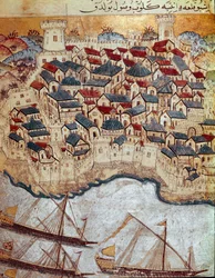 Osmanisches Reich: Darstellung einer befestigten Stadt am Ufer der Donau, erobert von Suleiman I. während seines Marsches auf Budapest und Wien