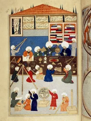 Wissenschaft und Islam: Beschreibung des astronomischen Observatoriums des arabischen Wissenschaftlers Taqi al-Din (1526-1585), gebaut unter Murad III in Istanbul 1577, Astronomen arbeiten mit Instrumenten. Manuskript-Miniatur ms. FY 1404