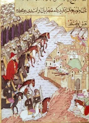 Zweite Kreuzzug (1147-1149): die Kreuzzüge vor der Stadt Aleppo in Syrien. 16. Jahrhundert Miniatur. Topkapi Sarayi Istanbul