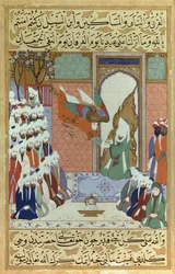 Der Erzengel Gabriel offenbart die 8. Sure, ein Kapitel des Korans, eine Miniatur mit Mohammed aus „Siyari Nabi“ (Das Leben des Propheten)