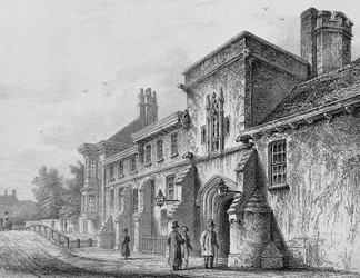 College Gate und Wardens Lodge Winchester, um 1830
