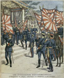 Seine Kaiserliche Majestät Mutsuhito, Kaiser von Japan, übergibt die Fahnen an seine Truppen, Illustration aus 