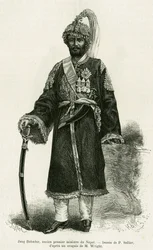 Jang Bahadur (1816-1877), Premierminister von Nepal. Gravur von P. Sellier zur Illustration der Geschichte Voyage au Nepal, von Dr. Gustave Le Bon (1841-1931), in Le tour du monde 1886, unter der Leitung von Edouard Charton (1807-1890), Hachette, Paris