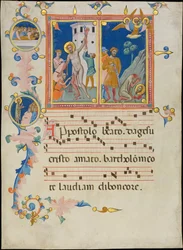 Manuskriptblatt mit dem Martyrium des Heiligen Bartholomäus, aus einem Laudario