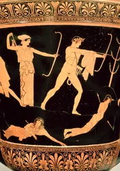 Der Tod der Niobiden, Detail von einem attischen rotfigurigen Kalix-Krater, ca. 450 v. Chr. (Detail)